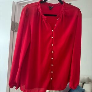Ann Taylor Red Pearl-Button Ruffle-Neck Blouse